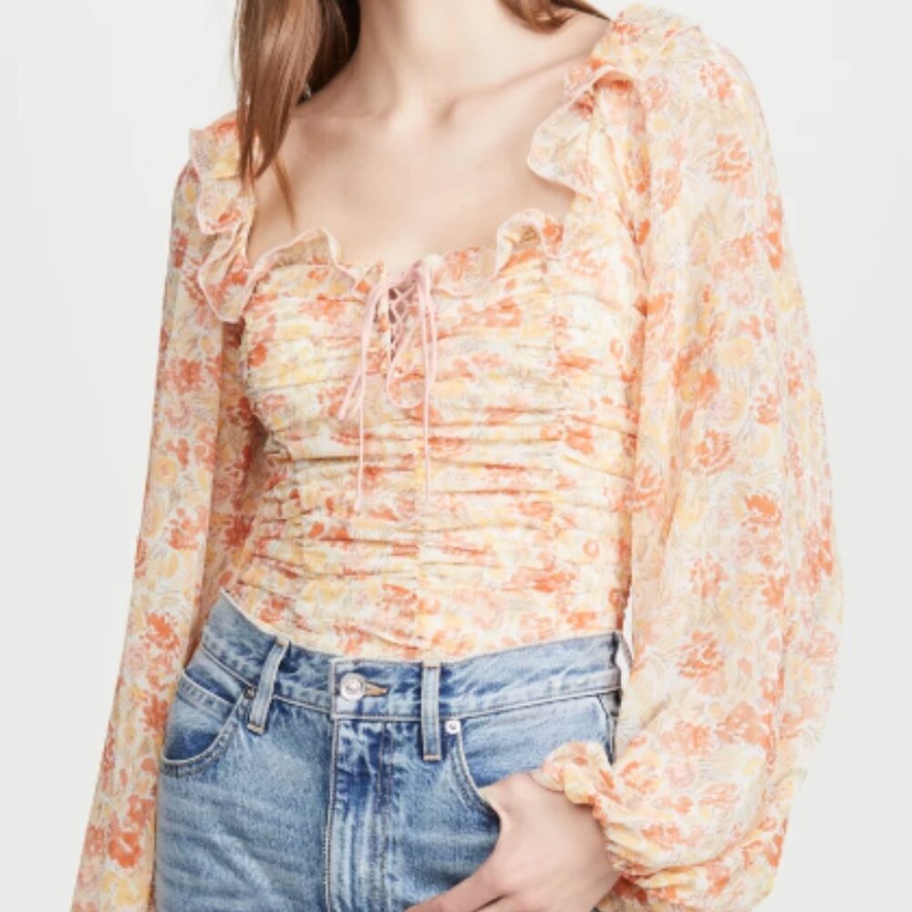 Free People Mabel‎ Floral Ruched Lace Up Blouse-Sz M-RenFaire-Fairy-Cottagecore